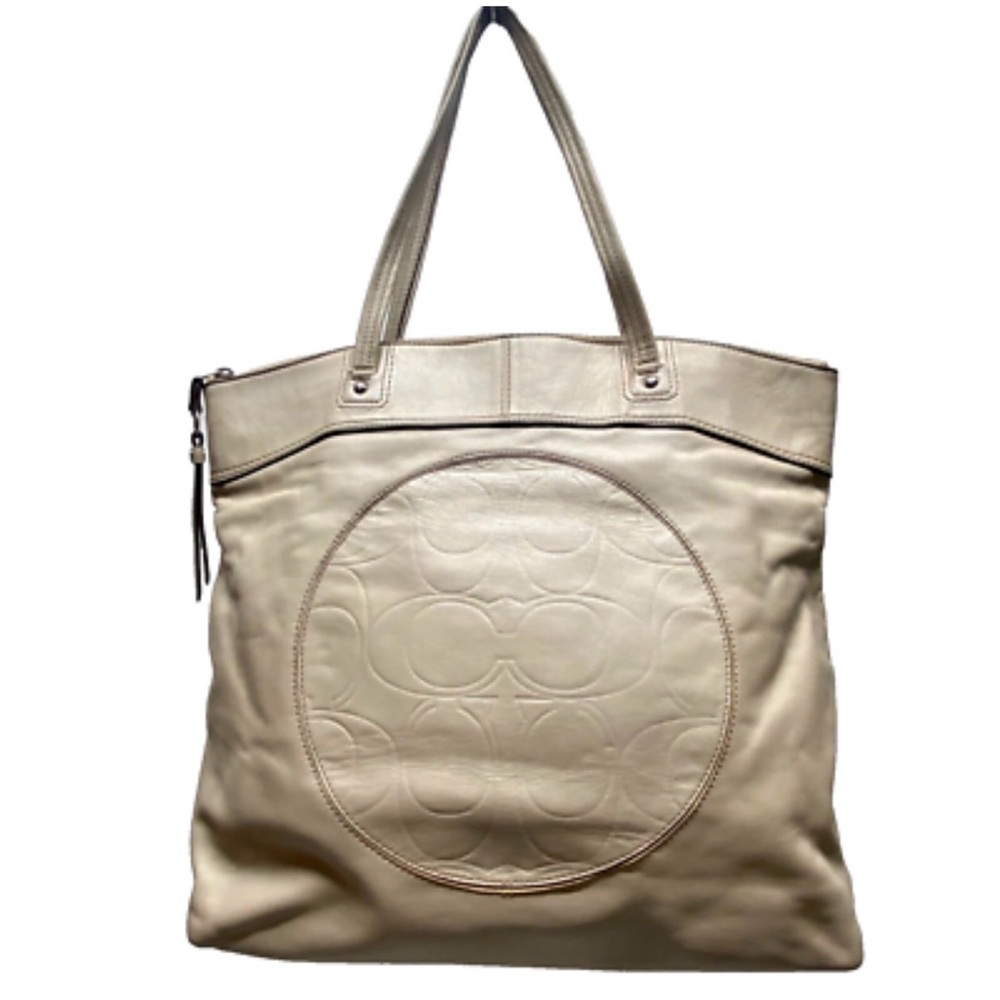 Coach Laura Signature Embossed Large Leather Tote in Taupe